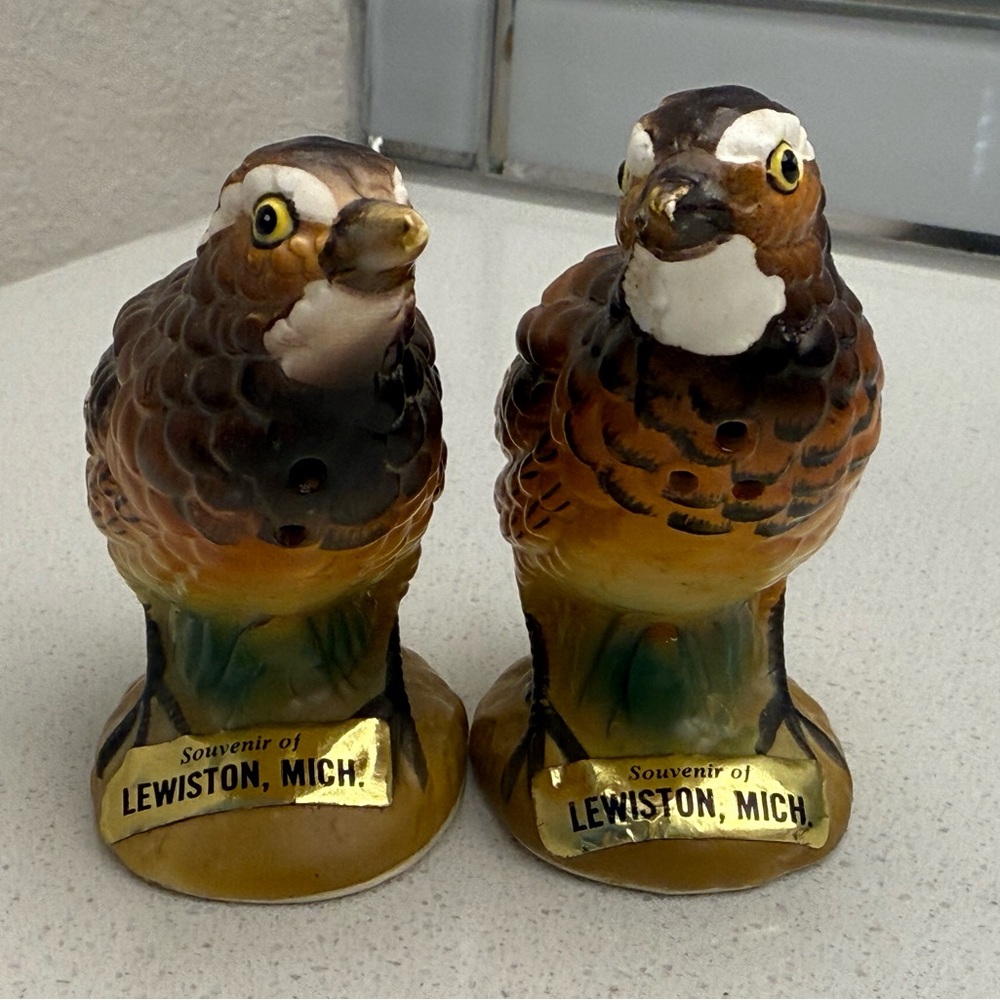 Vintage Salt & Pepper Shakers Souvenir Lewiston Michigan Quails Pair of Birds - Picture 5 of 13